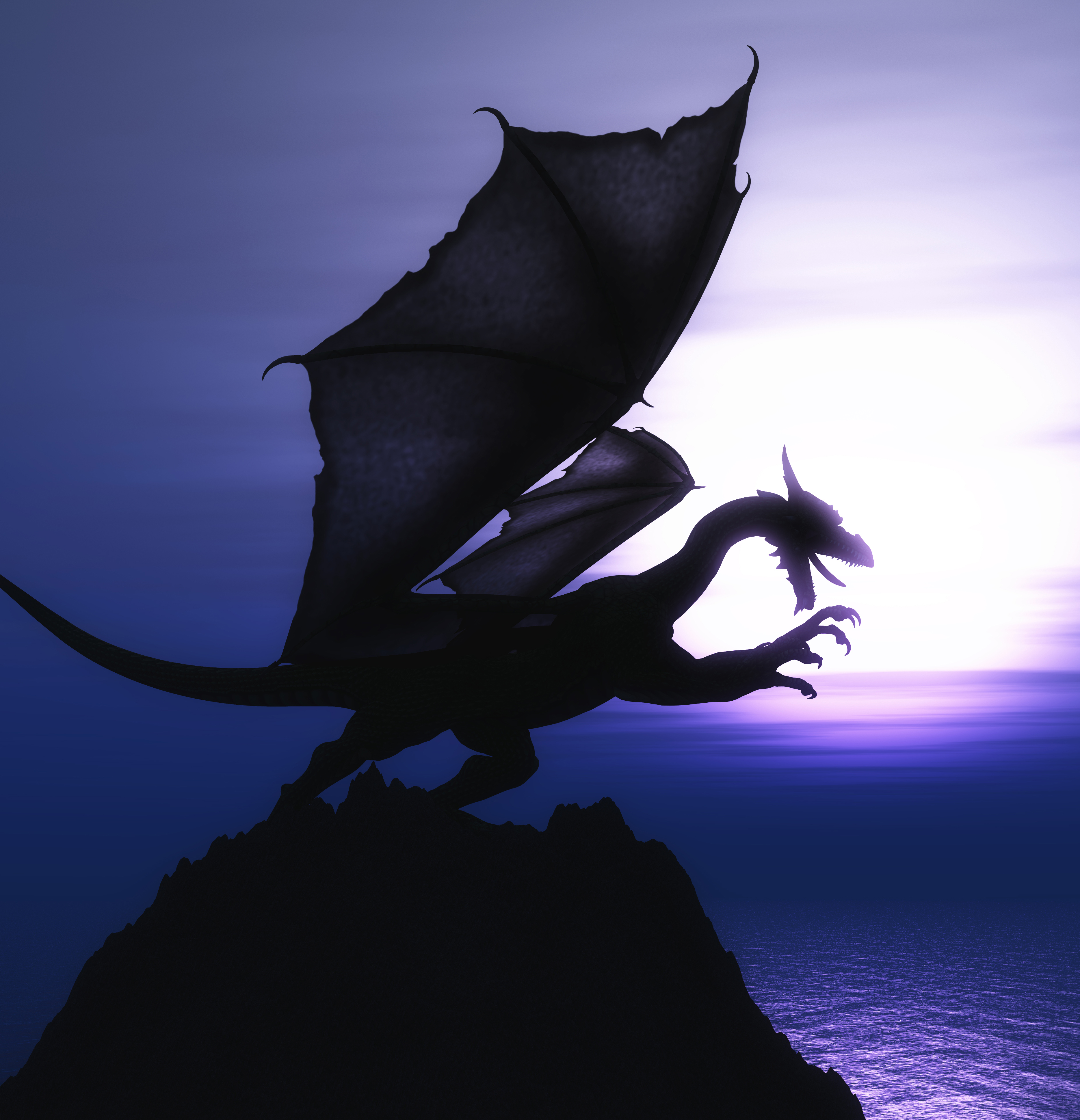 silhouette of dragon against purple sky