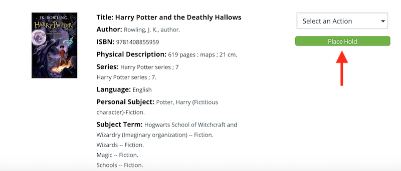 screen shot of the library catalogue with the hold button marked