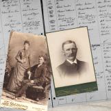 Two old portraits on cabinet cards and a civil registration page