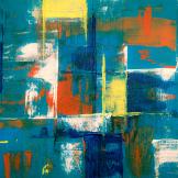An abstract painting in blue, green, yellow, orange, red and white