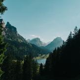 mountains coniferous trees and a lake