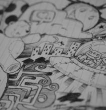 Illustrations from a graphic novel in black and white